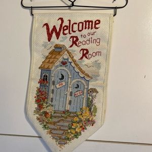 welcome to our reading room finished cross stitch artisan home handmade